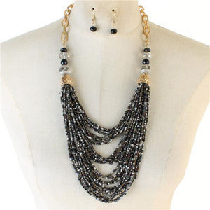 Layerd Black Silver Glass Seed Bead Necklace Set